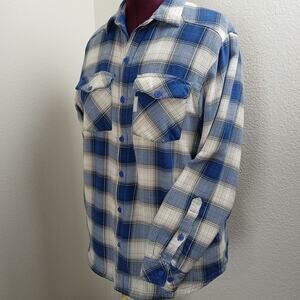 Columbia fleece-lined flannel shirt jacket mens M repaired blue white plaid